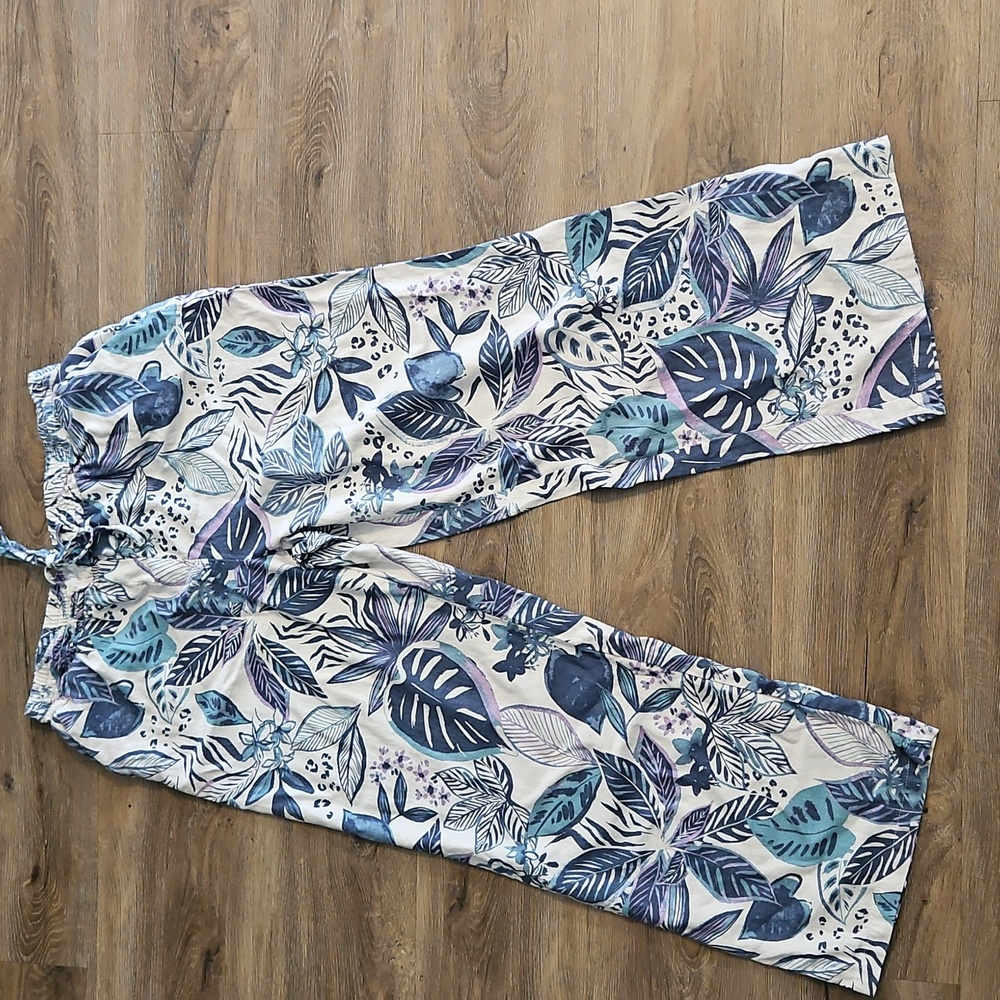 Blue Sol Linen Blend Floral Leaf Print Wide-Leg Pants